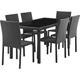 Ensemble repas de jardin - table en verre trempé et 6 chaises en résine tressée noir