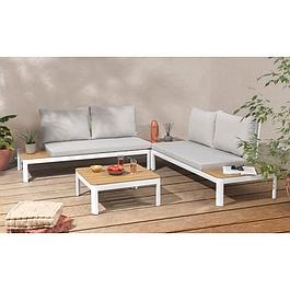 Salon de jardin modulable, en aluminium et polywood - 4 personnes avec coussins gris - blanc