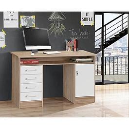 Bureau droit à clés avec 1 porte et 4 tiroirs - Décor chene et blanc