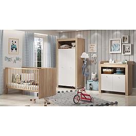 Baby trio room - Bed + 2-door changing chest + 2-door wardrobe - Oak and matt white decor