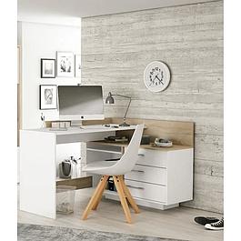 Bureau d'angle 3 tiroirs - Décor chêne et blanc