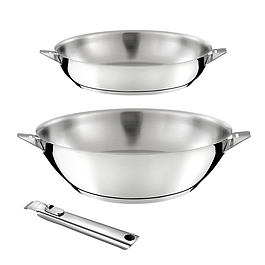 Ensemble 3 pièces - CUISINOX - 1 wok inox 28cm, 1 poêle inox 24cm, 1 poignée amovible